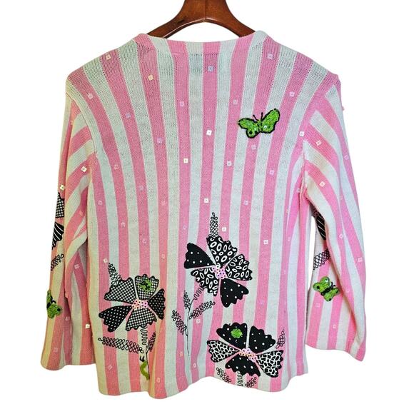 Vintage Design Options Pink & White Striped Knit Button Up Cardigan Sweater - Picture 2 of 7